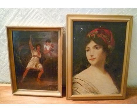 EUROPEAN SCHOOL Portrait of a Young Woman in red head scarf, Oil painting on board, 33cm x 23cm in gilt frame, together with 