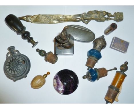 A COLLECTION OF SMALL DECORATIVE WARES including; a ceramic walnut form scent bottle, a seal and various other items, mixed 
