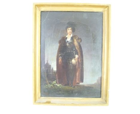 19TH CENTURY EUROPEAN SCHOOL "Hamlet" depicted holding the skull of Yorick, Oil painting on canvas, 29cm x 20cm, in a plain g