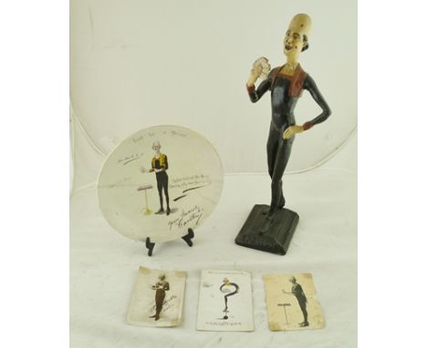 A SMALL COLLECTION RELATING TO CARLTON - A music hall act, includes; a plaster figure 45cm high, a plate and three postcards 
