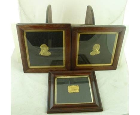 A COLLECTION OF THREE LATE 19TH CENTURY GILT BRASS ORNAMENTS includes a profile portrait of Shakespeare, a small embossed pan