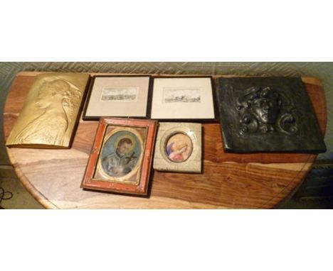 A SMALL CONTINENTAL RELIGIOUS ICON of a devotional figure in red painted frame, together with one other religious framed imag
