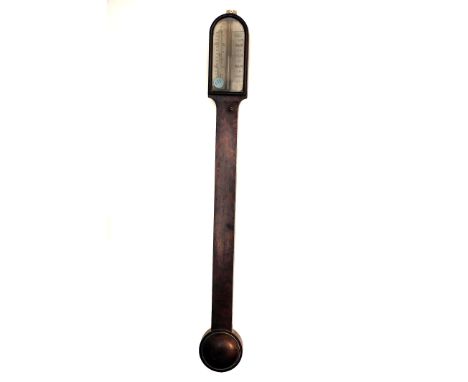 A Victorian flame mahogany mercury stick barometer by Watkins &amp; Hill, the ivory scale calibrated in inches and thermomete