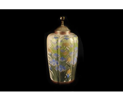 A Japanese Satsuma crackle glaze lamp base,  the lobed body decorated with iris, 40cm high