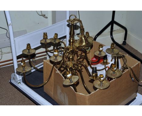 A twelve light brass Dutch chandelier,  together with a smaller three light example, with electric fittings (2)