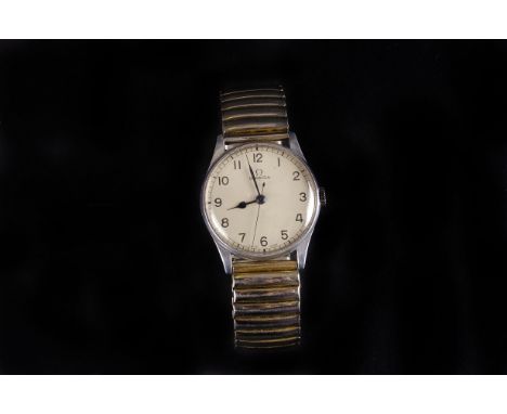 A 1940s Omega gentleman's stainless steel wristwatch,
the cream dial with Arabic numerals and blued steel spade hands, the 16