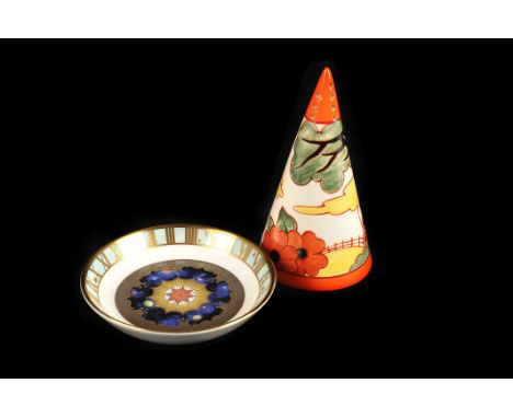 A modern Clarice Cliff 'bizarre' sugar caster,  in conical form, in its box, together with three cased Royal Worcester saucer