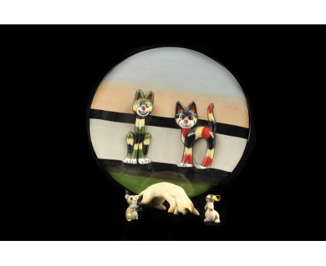 A Lorna Bailey 'Cartoon Cat' charger,  34cm diameter, together with a ceramic Siamese cat and two mice (4)