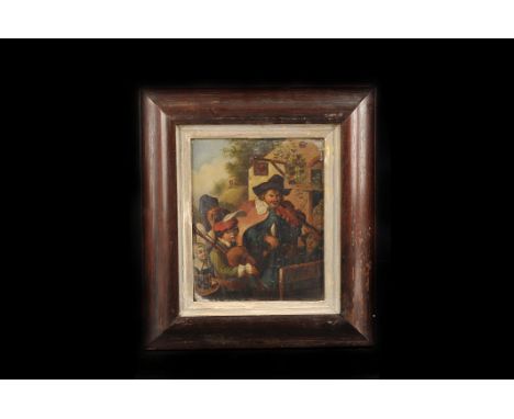 Two 19th century Eastern European paintings on tin,  one of an inn scene after Teniers, the other of a musical troop, the fir