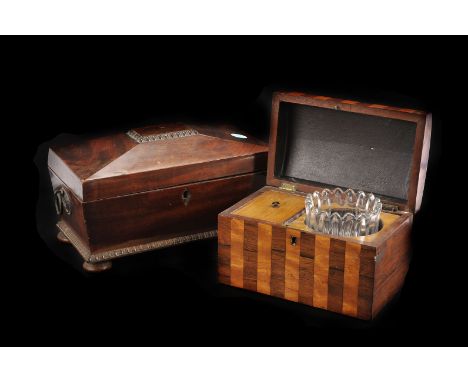 A Victorian rosewood tea caddy,  with three compartment interior, on three ball feet, 30cm long, together with another two-wo