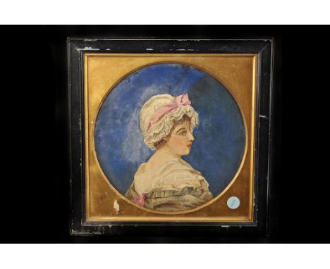 A Victorian portrait on copper,  the circular plate painted with a your lady in profile, 30cm diameter