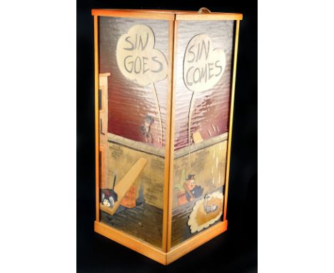 A 'Krazy Kat' novelty rectangular floor lamp,  the four glass panels with applied marquetry cartoon scenes running a narrativ