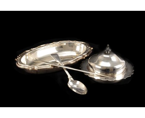 A small quantity of electroplate,  including two serving dishes, a ladle,  a table spoon, a small tureen, and other items