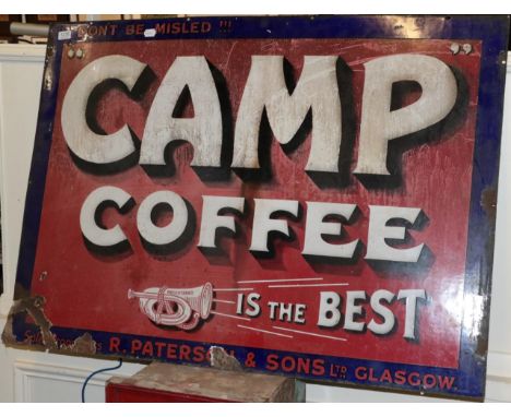 ~ A vintage enamel single sided advertising sign, Don't Be Misled Camp Coffee Is The Best, 82cm by 115cm  