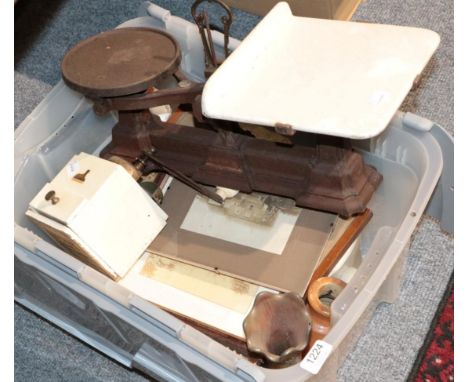 ~ A set of scales; coffee grinders, pine posser, mahogany till, light shade etc