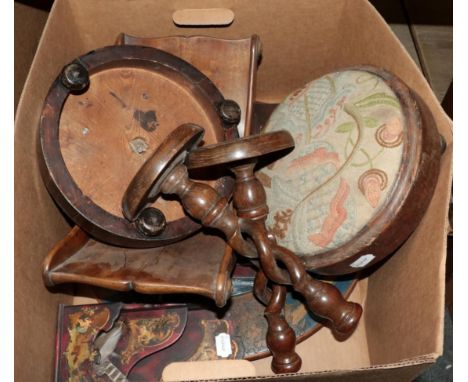 ~ Two Victorian circular footstools with over stuffed seats, diameter 28cm each; a 19th century mahogany cheese coaster with 