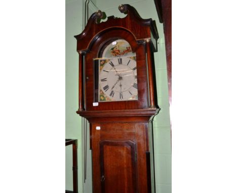 ~ A George III oak and mahogany 30 hour longcase clock, Richardson, Easingwood, painted arch Roman dial with charioteer vigne