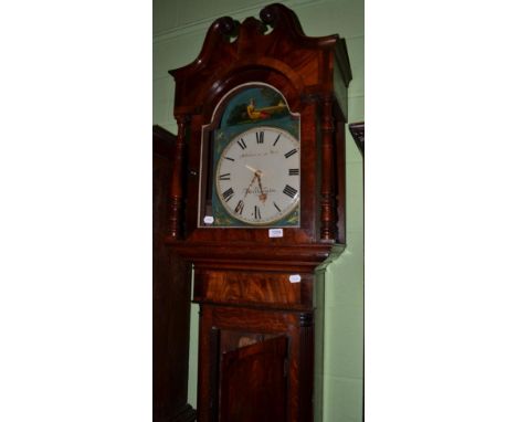 ~ An early Victorian oak and mahogany 8 day longcase clock, Whitmore &amp; Sons, Northampton, painted arched convex Roman dia