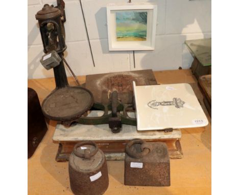 ~ Victorian bench top kitchen scales with grey and vein marble base; a set of cast metal scales with hinge front and two weig