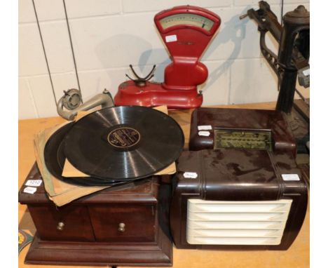 ~ Two brown Bakelite cased radios; a red painted set of bench top scales labelled B W &amp; S Limited, Sheffield, type B1; an