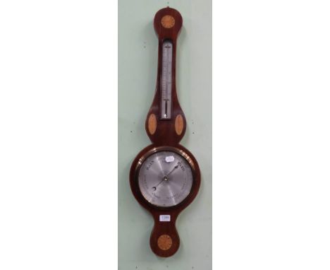 A Victorian mahogany and marquetry inlaid banjo barometer, with silvered dial bearing later inscription