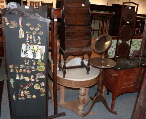 ~ A late Victorian carved four leaf dressing screen, 150cm by 196cm; a 20th century square form plant stand pedestal on four 