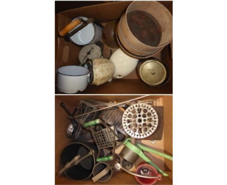 ~ An interesting collection of Victorian and later kitchen implements, metal wares, scales, biscuit barrel, etc