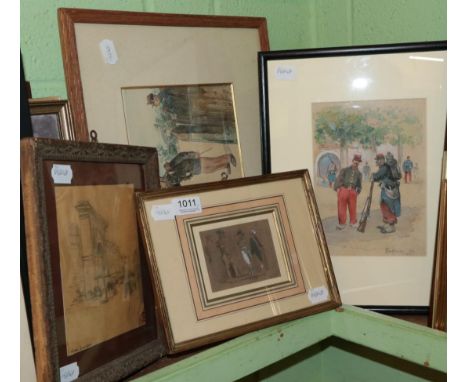 ~ Henri Jourdain (1864-1931) Sketch of Napolean and entourage, inscribed, pencil 8cm by 10cm ; with another work by artist an