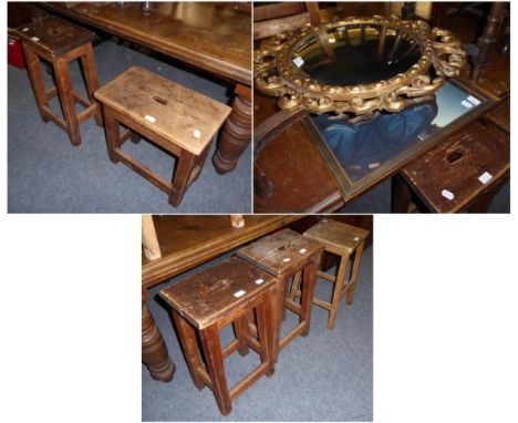 A pair of 19th century oak side tables; a child's Bentwood chair; seven assorted pine stools; a gilt circular mirror; and a r