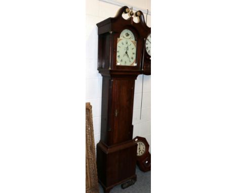 ~ A George III Welsh oak 30 hour longcase clock, B Rice, Neath, painted arch Roman dial with date aperture, 210cm high