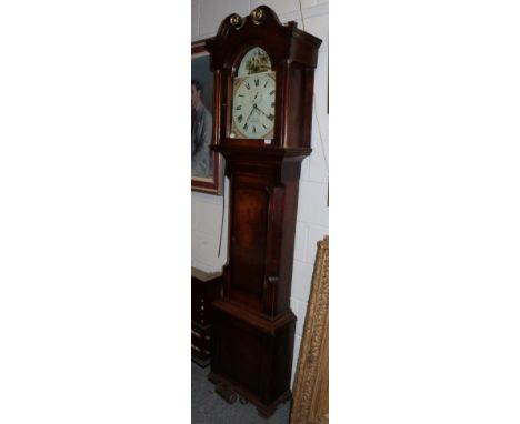 ~ A George III oak and mahogany 30 hour longcase clock, Wm. Jones, Llanfyllin, painted arch Roman dial with exotic birds, dat