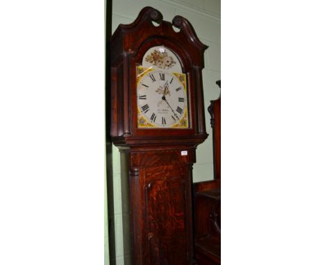 ~ A George III oak and mahogany 30 hour longcase clock, Thos. Allkins, Fazeley, painted arch Roman dial floral spray, date ap