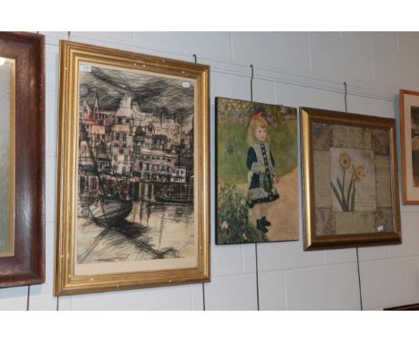 J K Sheard (20th century) Harbour cafe, crayon on paper, signed and dated 1977; together with a print after Renoir and a furt