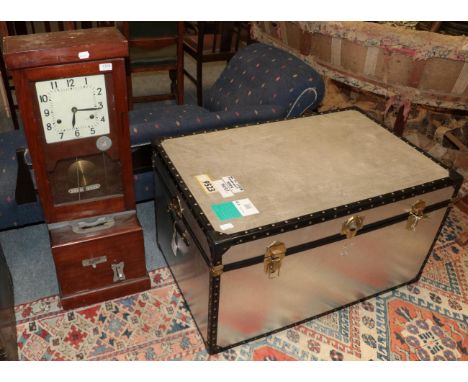~ An early 20th century mahogany cased clocking in machine together with a hinged trunk (2)