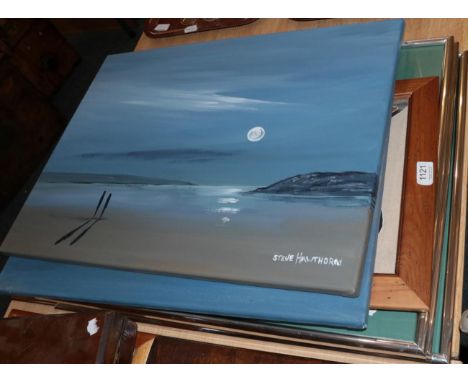 Steve Hawthorn, Moonlit seascape with two figures, signed, oil on canvas, together with a further seascape signed by the same