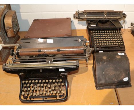 ~ Four early 20th century manual typewriters including the Smith Number Ten Premium Typewriter; a miniature German tinplate t