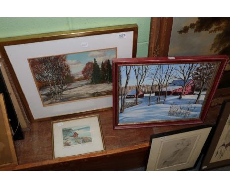 Attributed to Vilis Ozols (1929-2014), Latvian, Snowy woodland landscape, signed oil on board, 28cm by 38cm; together with Hu