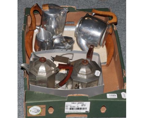 Four piece picquot ware tea service with matching tray; and a four piece planished pewter tea service 