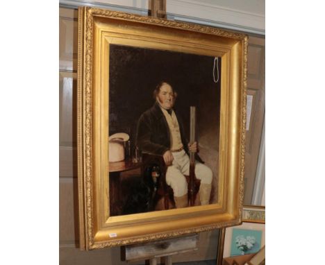 British School (19th century), Portrait of a gentleman seated with shotgun and Spaniel, oil on canvas, 90cm by 70cm 