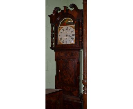 ~ A Victorian mahogany 30 hour longcase clock; Halifax, painted arch Roman dial with religious scene, two rubbed subsidiary d