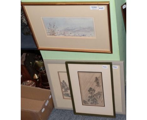 Istanbul across the Golden Horn, original watercolour; together with an oriental picture of a waterfall, trees and two birds 