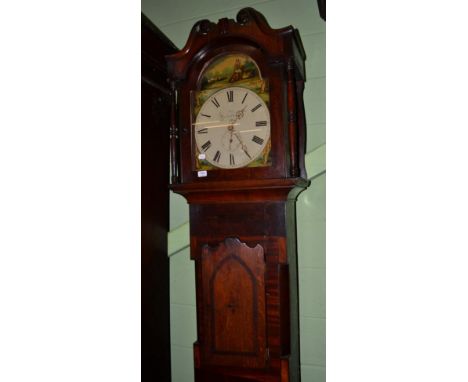 ~ A Victorian mahogany 30 hour longcase clock, George Tesseyman, Northallerton, painted arch Roman dial with hunting scenes, 