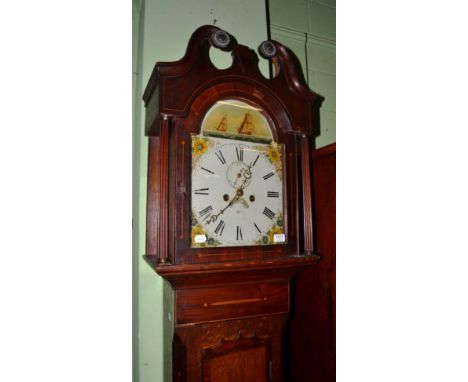 ~ A George III oak and mahogany 8 day longcase clock, Wilson (?), painted arch Roman dial with maritime scene, date aperture 