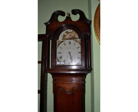 ~ A George III Welsh oak 30 hour longcase clock, J. Parry, Pencarreg, painted arch Roman dial with floral spray, date apertur