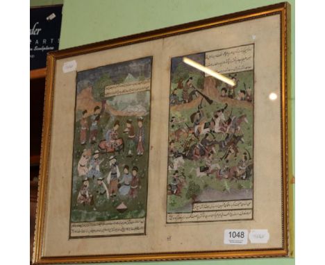 ~ Mughal School (18th century) Two leaves from illustrated manuscript, double sided, frame