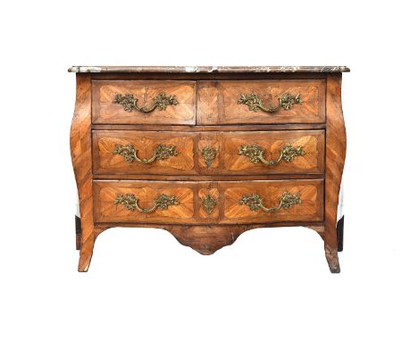 An 18th century Louis XV kingwood and tulip wood commode chest of bombe form with marble top over two short and two long draw