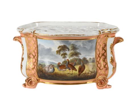 A Derby porcelain salmon-pink ground bough pot, c.1790, with liner and cover, painted with a panel of partridge; puce factory