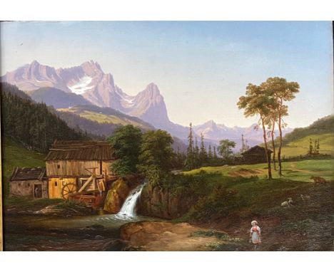 Continental school (19th century), 'Alpine Landscape with Watermill, Figures and Animals', oil on canvas, 30x43cm