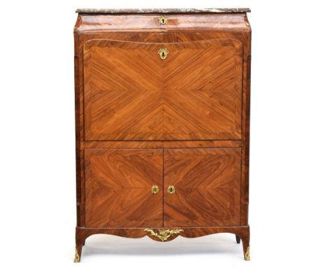 A Louis XV kingwood and tulipwood secretaire a abattant, mid-18th century, of serpentine form, with a frieze drawer above a f