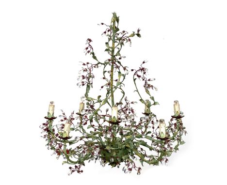 An Italian green painted foliate chandelier with glass flower bud drops, approx. 80cm high